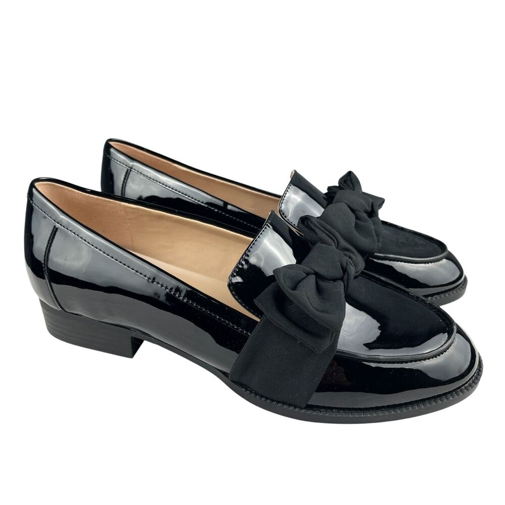 Bandolino Lindio Loafers 8.5W Black Patent Faux Leather Bow Block Heel Shoes